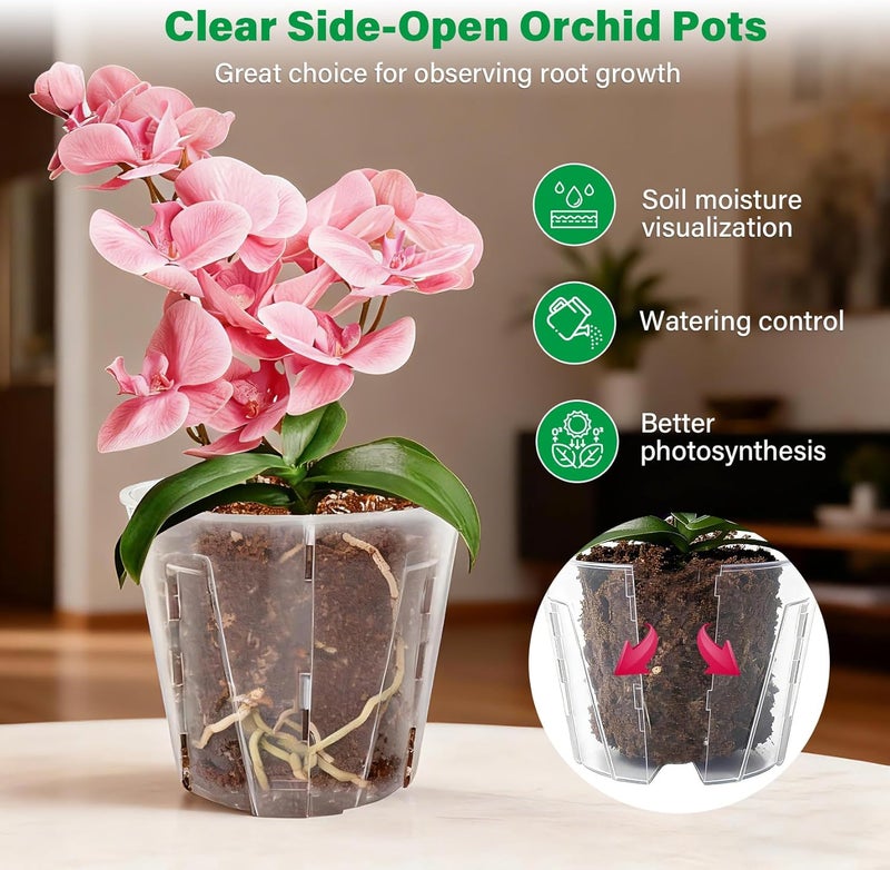 Bluepro 5 Inch Side-Open Orchid Pots 12 Pack, Clear Plastic Nursery Planters with Detachable Side Walls for Easy Repotting, Breathable Slotted Flower Pots with Drainage for Root Health - Image 3